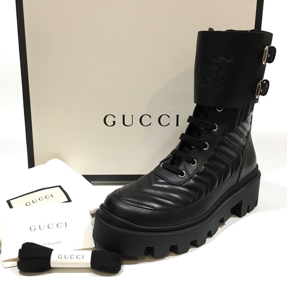 GUCCI GG Nappa Quilted Combat Boots -Black leather -Women’s US 7 -NIB - Picture 1 of 9